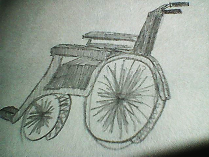 Image description: a black and white pencil sketch of a manual, self-propelled wheelchair. I drew this as a teenager.