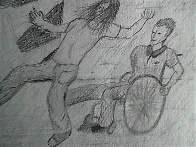 Image description: a black and white pencil sketch of Steve kicking the back of the trouble-makers knees, knocking him over.k