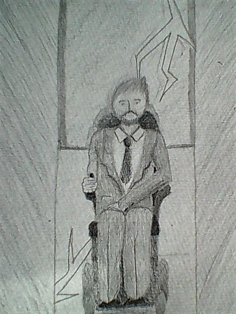 Image description: a black and white pencil sketch of Matt as the lift doors open, just as the lightning strikes.