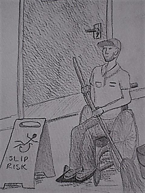 Image description: a black and white pencil sketch of Agent 48, disguised as a janitor, mopping the floor. He's sat next to a wet floor sign, and the falling stick man on the sign happens to be in a wheelchair.