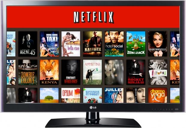 A TV displaying the Netflix home screen".