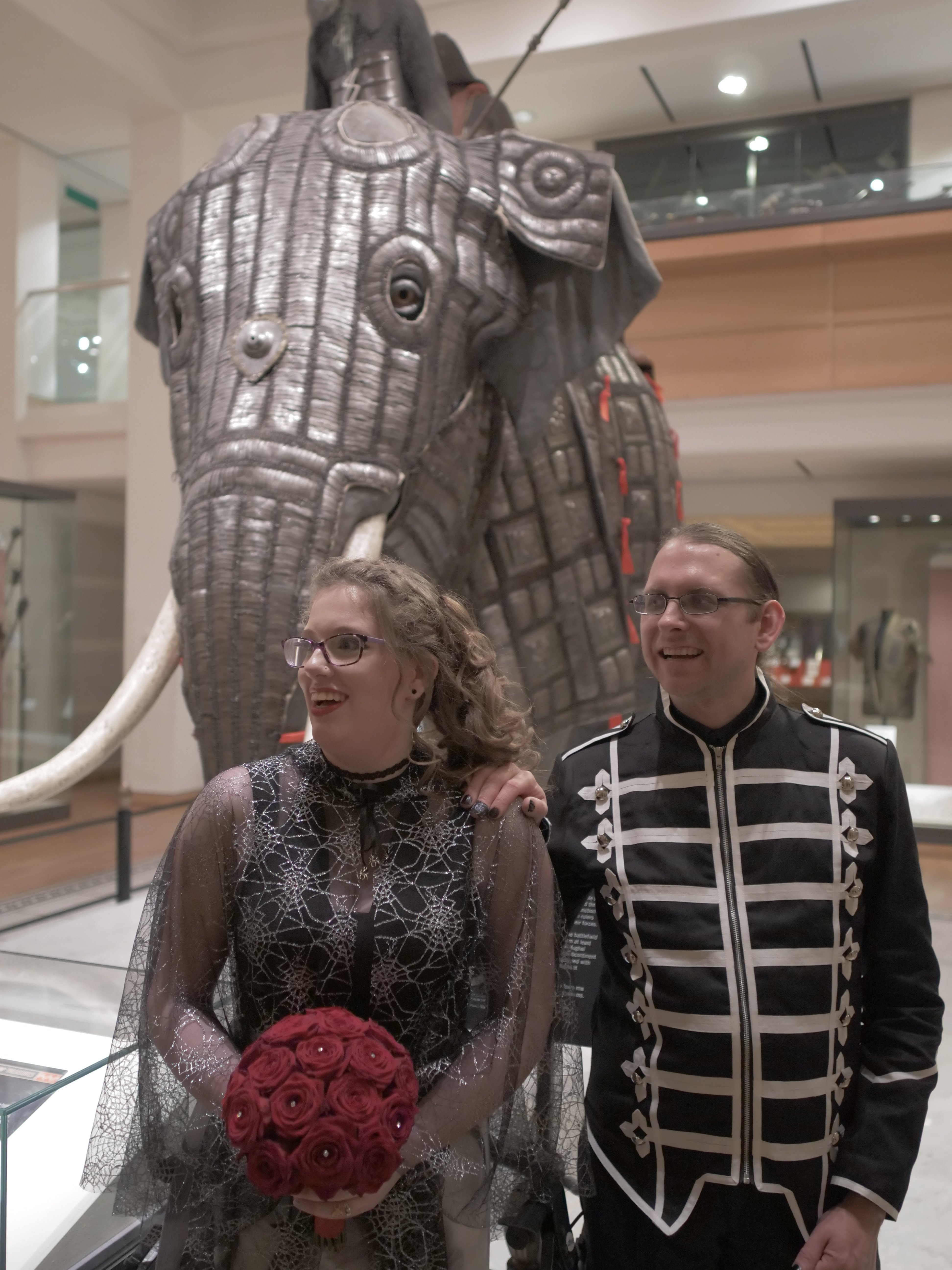 Stood in front of the armoured War Elephant in the Royal Armouries in Leeds at our wedding.