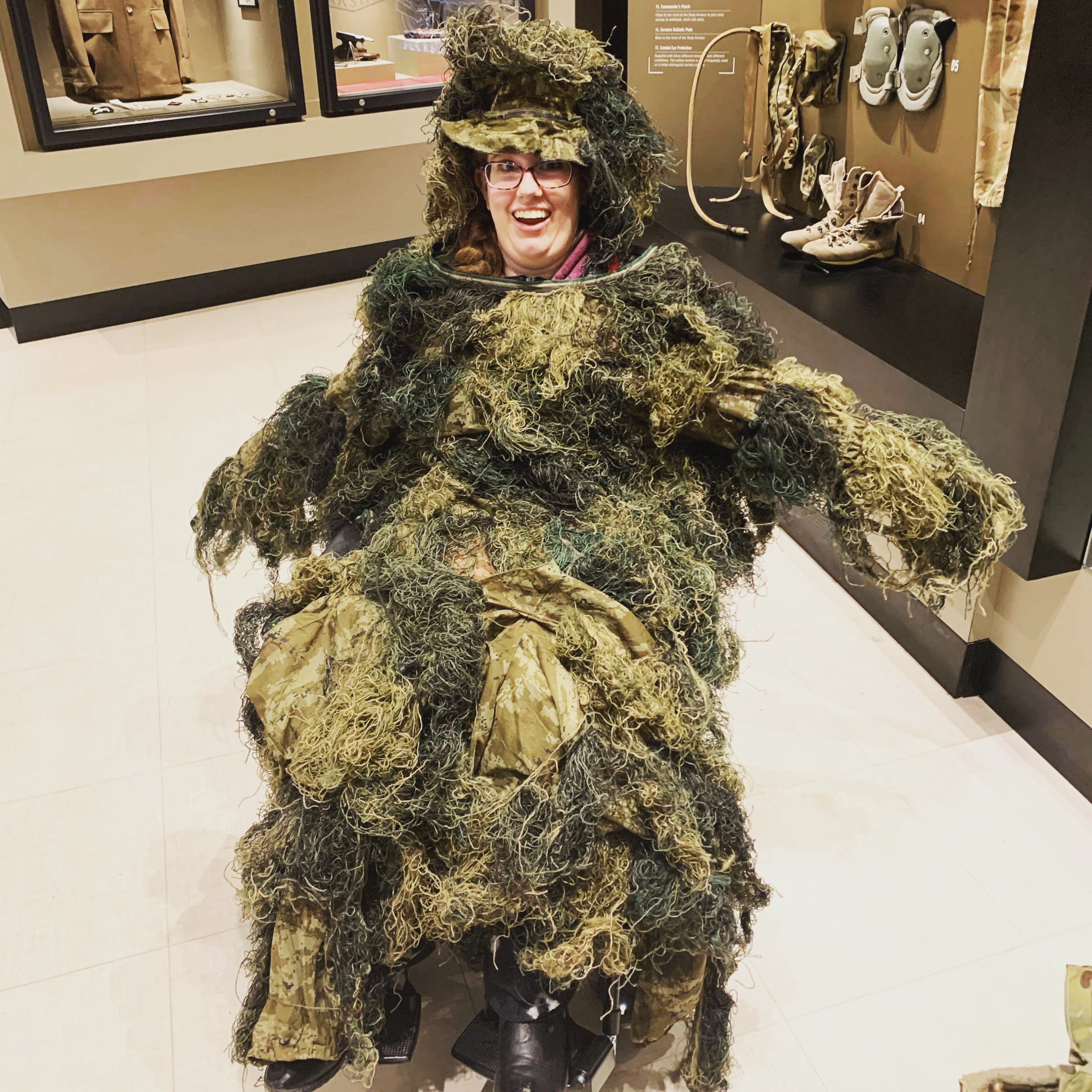Sat in the York Army Museum in my wheelchair, covered in various military stealth clothes. I look ridiculous.