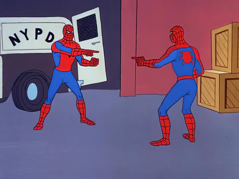 Identical spider-man-costumed men pointing at each other.