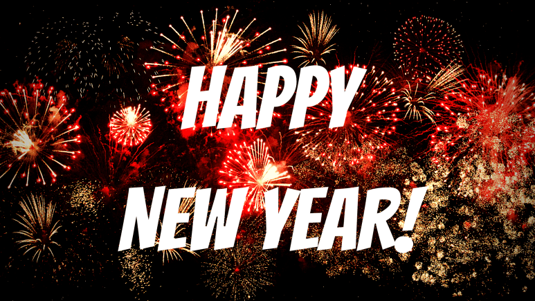 Happy New Year! Bold white text in front of fireworks.