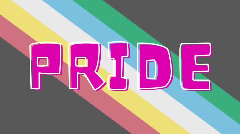 Pride written in bold, pink capital letters outlined in white. The background is the Disability Pride Flag; a black background with red, yellow, white, blue, and green diagonal stripes running in parallel from the top left to the bottom right corner.
